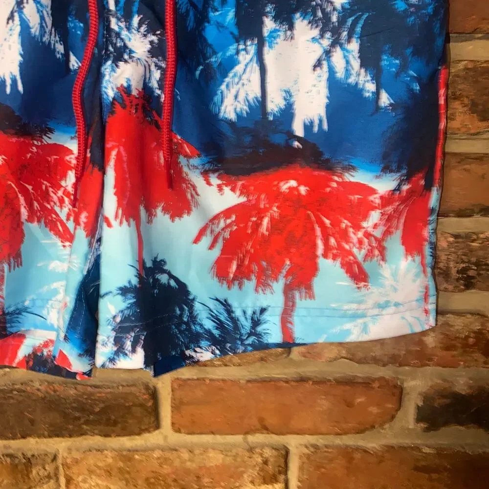 George Red White Blue Palm Tree Swim Bathing Suit Shorts Bottoms Size Medium